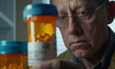 Home, sad and old man with pills, depression and cancer medication with retirement and wellbeingの素材