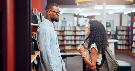 Couple, flirting or man with woman in library for dating, college education and chat on break....
