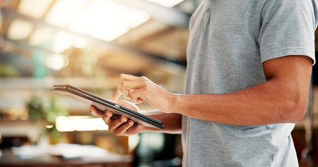 Scroll, college and hands of student with tablet for online research, website and internet course....