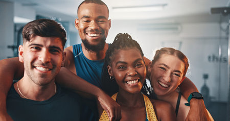 Fitness, portrait and team of friends in gym with smile, support and group workout together. Men,...