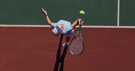 Tennis, serve and woman on outdoor court with challenge, performance and action game from above....