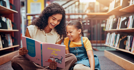 Happy child, story or teaching in school with book, development or learning growth in library....