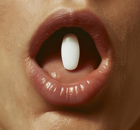Tongue, pill and cure for health in mouth, drugs and vitamins for healthcare or recovery. Closeup ofの素材