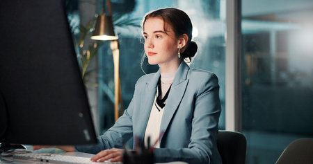 Night, business and woman with computer, online reading and internet with email for funding...