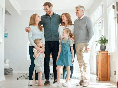 Big family, smile and grandparents with parents and kids in home for bonding, love and care....