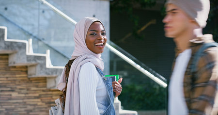 University, campus and portrait of Islamic woman with smile, backpack and study opportunity in education. Muslim, culture and happy college student in hijab on morning commute for learning in Rwandaの写真素材