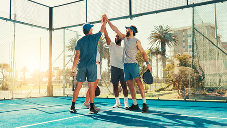People, tennis and group with high five for sport, game or match together on outdoor court. Padel team, friends or athletic players with touch in unity for fitness, fun sportsmanship or solidarityの写真素材