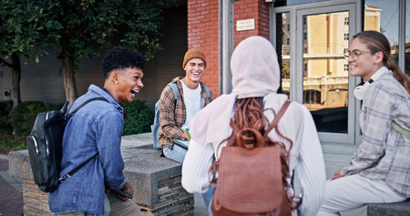 University, students and laughing outdoor on campus with college talk, conversation or happy for...