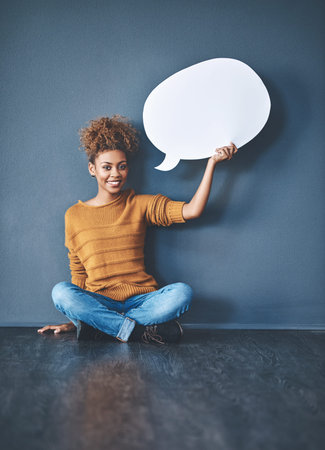 African woman, floor and speech bubble by wall with mockup space for advertising and marketing....