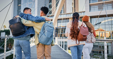 Back, college and education with people and walking for friends, learning and knowledge. University,...