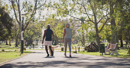 Senior couple, back and dog park with walking, love and care with workout and marathon training. Outdoor, health and people with pet, animal and golden retriever on path together in the morningの写真素材