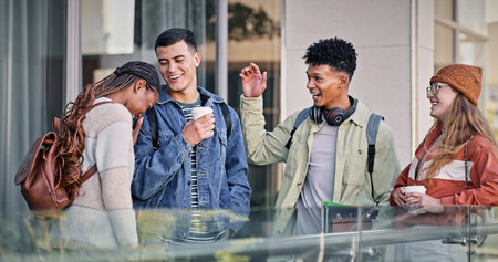 Smile, friends and students talking on campus for education, social project and walking to classroom. Happy, people and communication at university for learning, study and bonding together in morningの写真素材