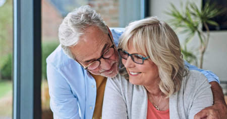 Smile, embracing and senior couple at their home for love, bonding and romance together in morning....