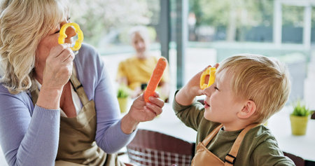 Kitchen vegetables, fun and family cooking nutrition food, home recipe or teaching child to prepare...