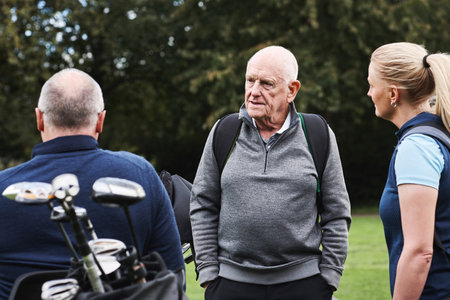People, team and golf course or talking sport for coaching challenge for target decision, health or...