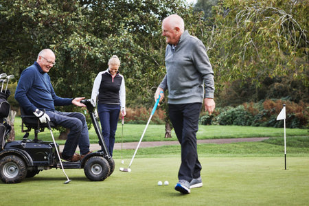 Group, senior and golf players for happy game on course with turf, grass and green in Australia....