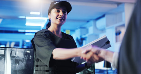 Security, woman and handshake in office for greeting, welcome or surveillance contract. People,...