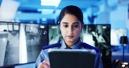 Security guard, thinking and woman with tablet, safety and cctv screen footage for night shift for video surveillance. Camera, monitor or person with communication in control room for protectionの写真素材