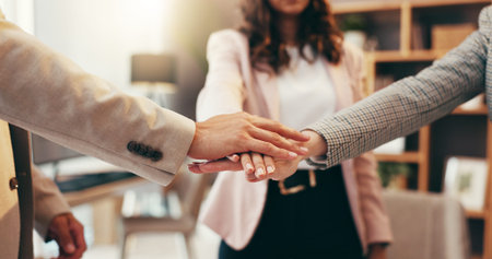 Team, hands and business people with stack in office for support, mission or motivation for group...