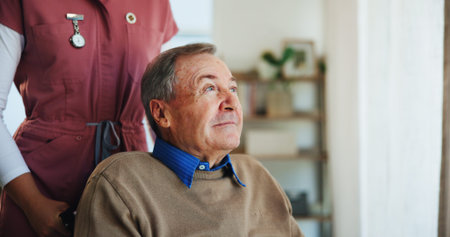 Wheelchair, caregiver and mature man in nursing home, senior care and thinking of help for...