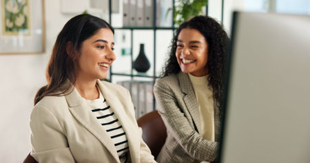 Creative office, meeting and business women on computer for planning, online project and...