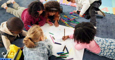 Color, above and drawing with kids in classroom for child development, artwork and creative project....