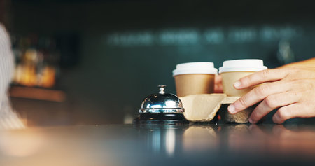 Takeaway, coffee and hands of customer in cafe for Espresso, latte or cappuccino beverage. Small...