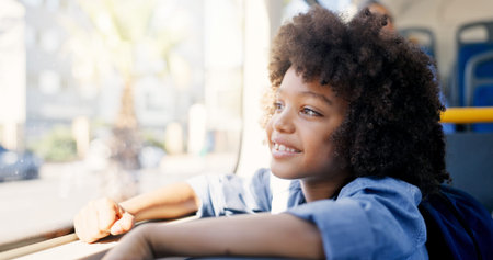 Thinking, bus or travel with kid, smile or boy for commute with urban journey, scholarship and...