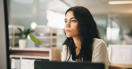 Reading, computer and research with business woman in office for news editor, article reporter and...