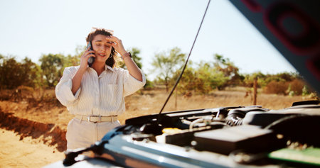 Worry, woman and phone call with car breakdown for travel crisis, accident and vehicle emergency....