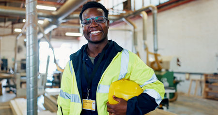 Portrait, supplier and woodwork with black man in warehouse for security, inspection and export....