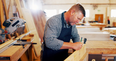 Carpentry, marking and pencil with man in workshop for manufacturing or production process....