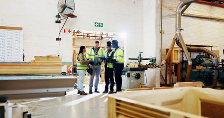 Team, discussion and factory for timber distribution, inspection and people with schedule on tablet...