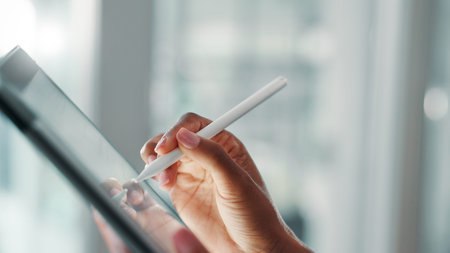 Tablet, stylus and hands of woman for creative project, cartoon illustrator and drawing with closeup...