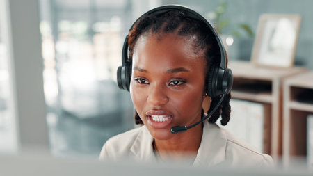Black woman, headset and callcenter agent in office, with mic for outbound phone call or...