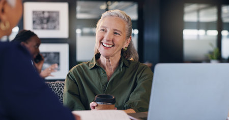 Business women, happy and meeting in cafe with discussion for collaboration, communication and...