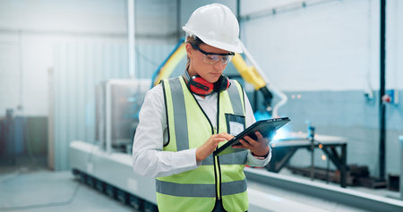 Woman, typing and tablet at robotics factory for research, machine update and technical guide....
