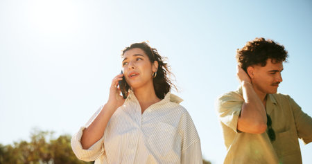 Phone call, lost and couple in nature on vacation together with connectivity for help outdoor....