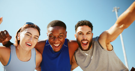 Happy people, fitness or portrait with celebration for winning, success or health and wellness...