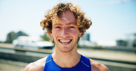 Man, runner and happy in portrait in city, bridge and outdoor for fitness, training and ready for...