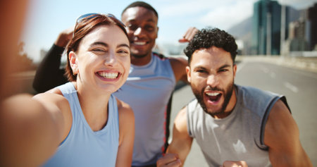 Happy people, portrait and fitness with selfie in city for photography, picture POV or workout celebration. Active group, friends or winning with smile for victory, achievement or memory in townの写真素材