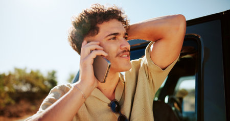 Man, phone call and breakdown with car for lost, navigation or vehicle trouble in nature. Male person, talking or stranded with mobile smartphone for emergency transport service, accident or helpの写真素材