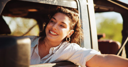 Happy woman, passenger or relax with car window for road trip, adventure or sightseeing journey in...