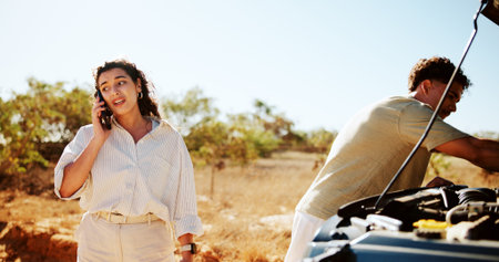 Woman, talk and phone call with car breakdown for travel crisis, accident and vehicle emergency....