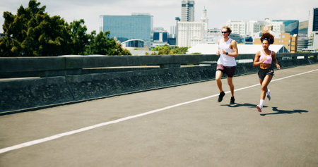 Woman, man and running for fitness, bridge and endurance in summer for wellness, challenge or...