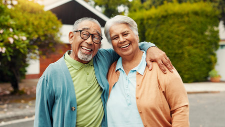 Senior couple, portrait and smile outdoor for fresh air, retirement support and bonding together....