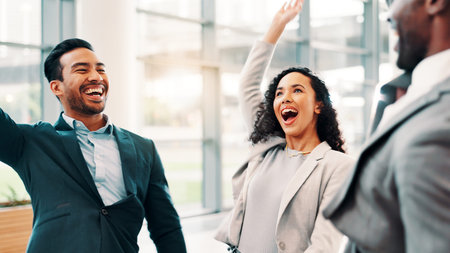 Business people, excited and high five in office for achievement, coworker support or collaboration....