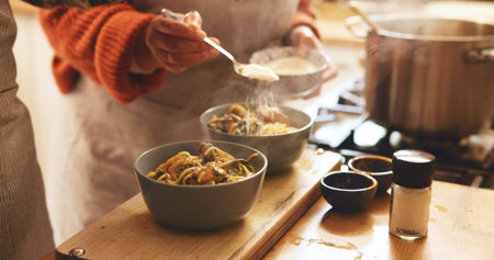 Hands, home and couple with pasta, cooking and process with nutrition, organic dinner and wellness....