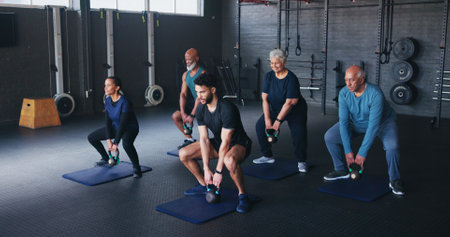Fitness, kettlebells and people in gym, instructor and training with wellness, weightlifting and exercise. Health club, trainer and senior group with equipment, strength and strong arms with workoutの写真素材