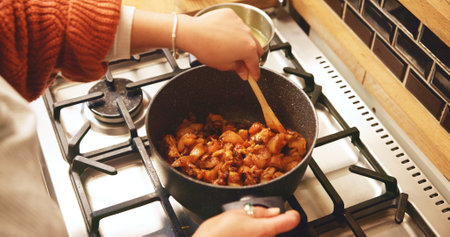 Hands, stirring pot and chicken in home, stove and heat for soup, ingredients and nutrition in kitchen. Person, chef and meal prep with food, diet and above with cooking, recipe or meat at houseの写真素材